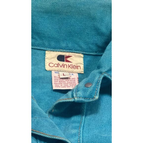 Vintage Calvin Klein Denim Jacket Women's L Teal Turquoise Made in USA 90s Jean - Picture 3 of 3